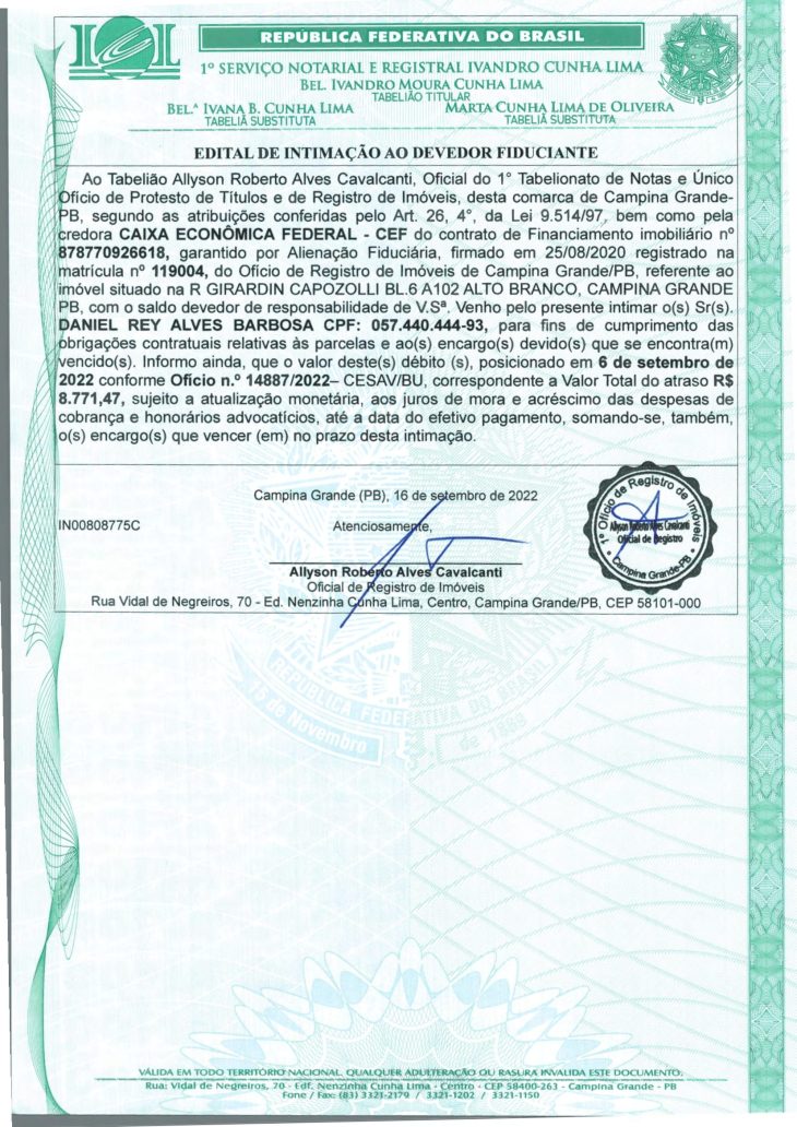 EDITAL DE INTIMAÇÃO AO DEVEDOR FIDUCIANTE