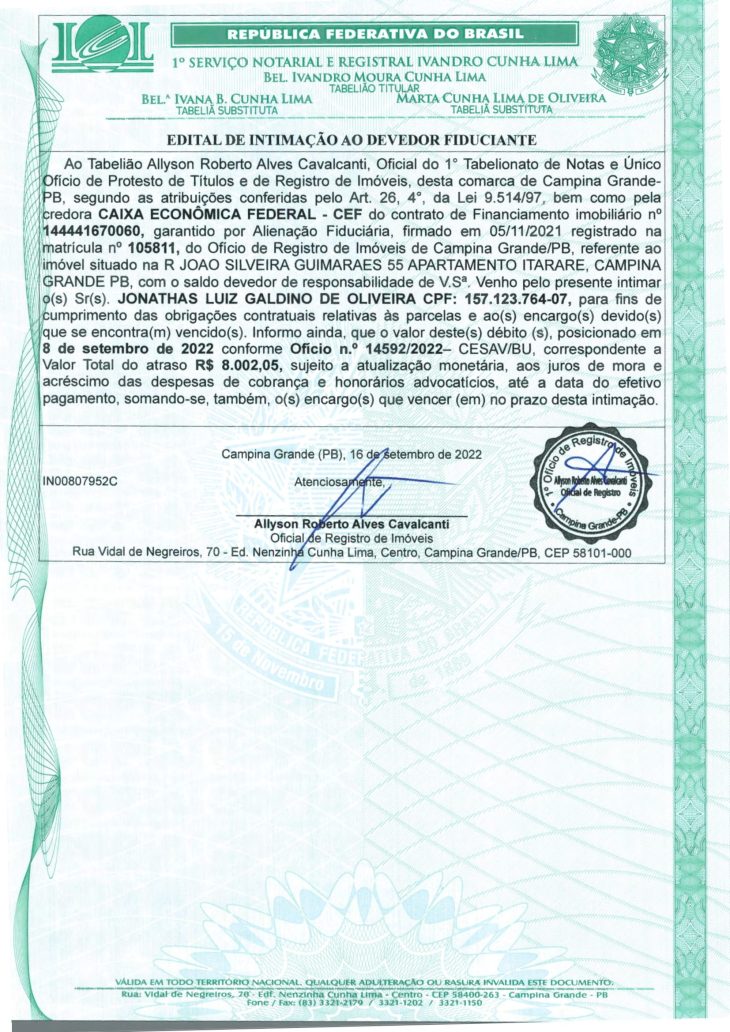 EDITAL DE INTIMAÇÃO AO DEVEDOR FIDUCIANTE