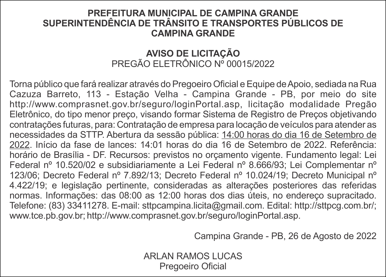 PREFEITURA MUNICIPAL DE CAMPINA GRANDE – STTP – AVISO DE LICITAÇÃO – PREGÃO ELETRÔNICO Nº 00015/2022
