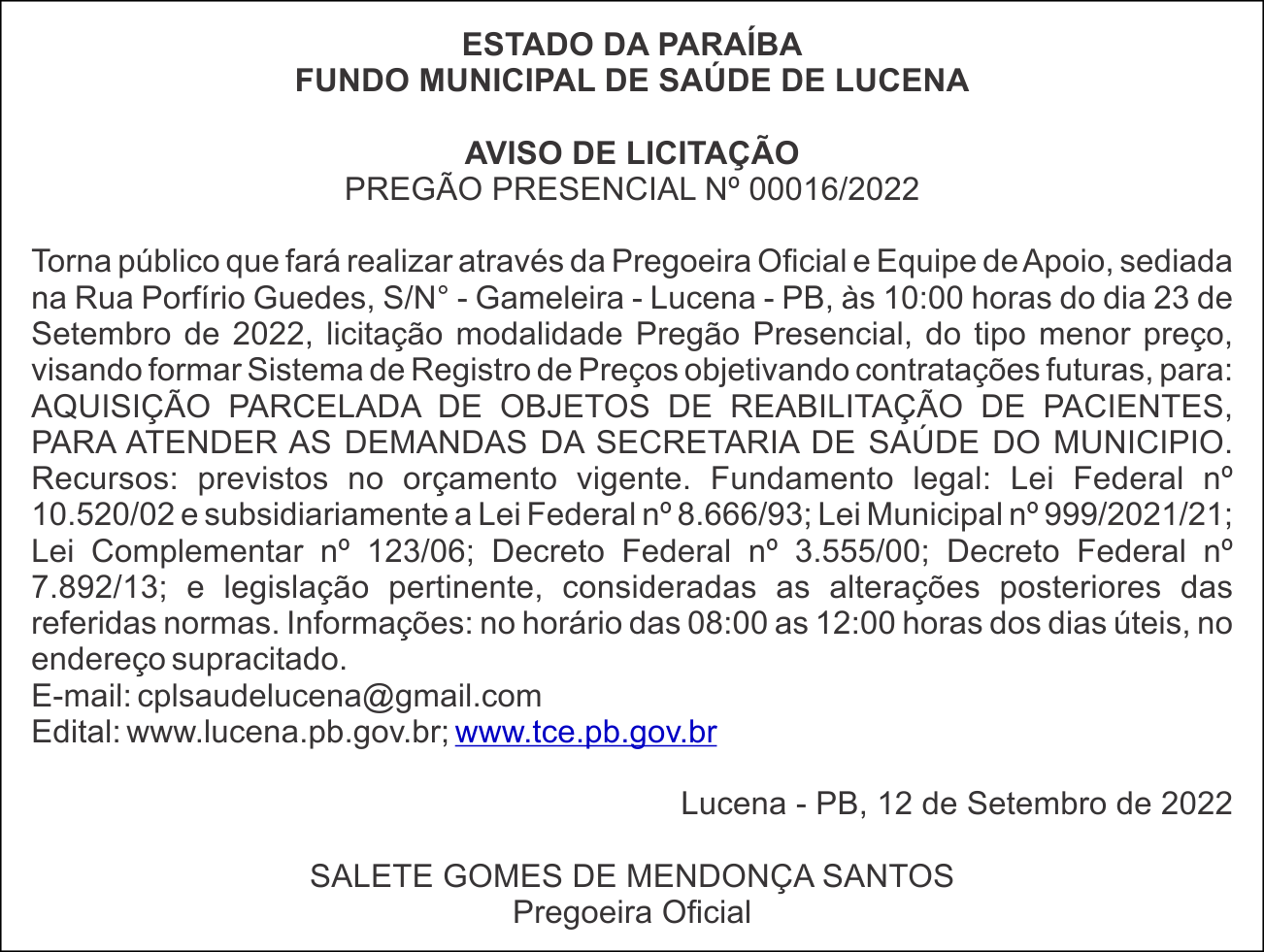FUNDO MUNICIPAL DE SAÚDE DE LUCENA – AVISO DE LICITAÇÃO – PREGÃO PRESENCIAL Nº 00016/2022