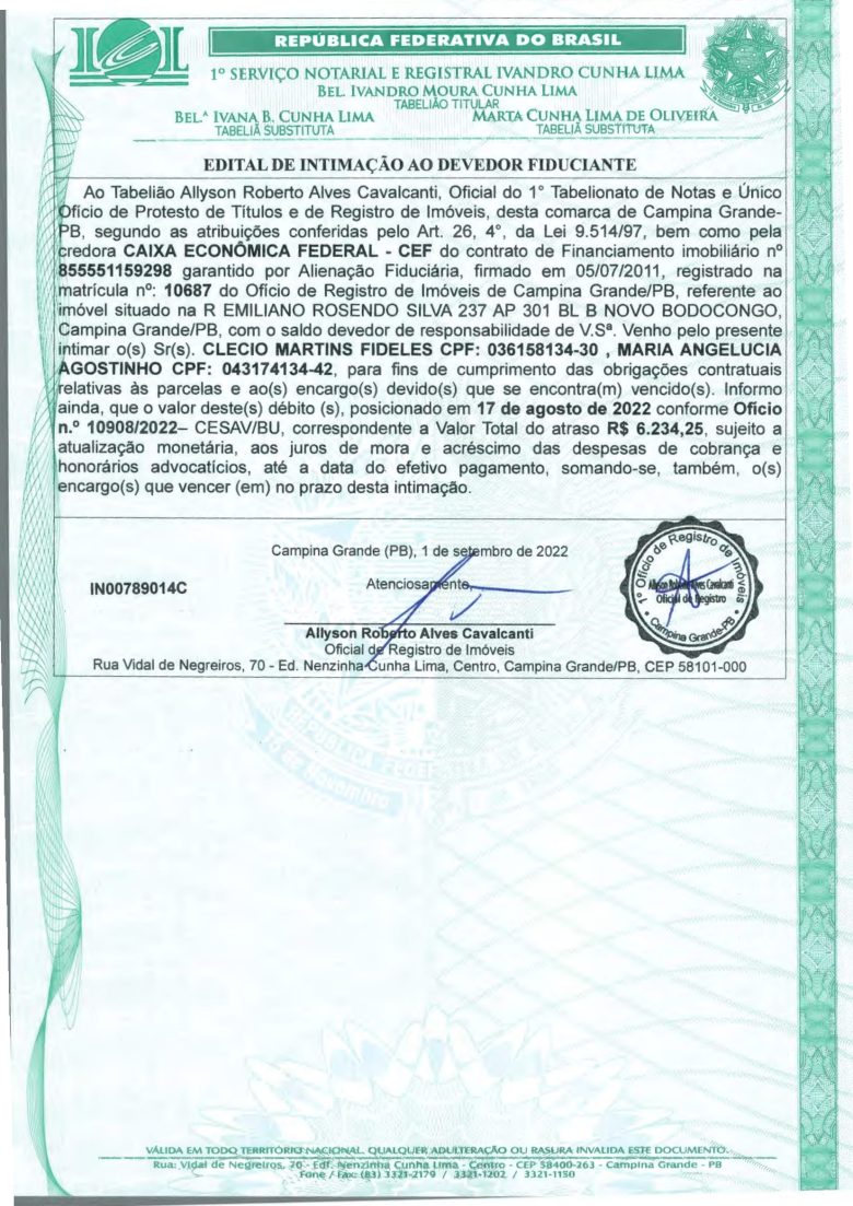 EDITAL DE INTIMAÇÃO AO DEVEDOR FIDUCIANTE