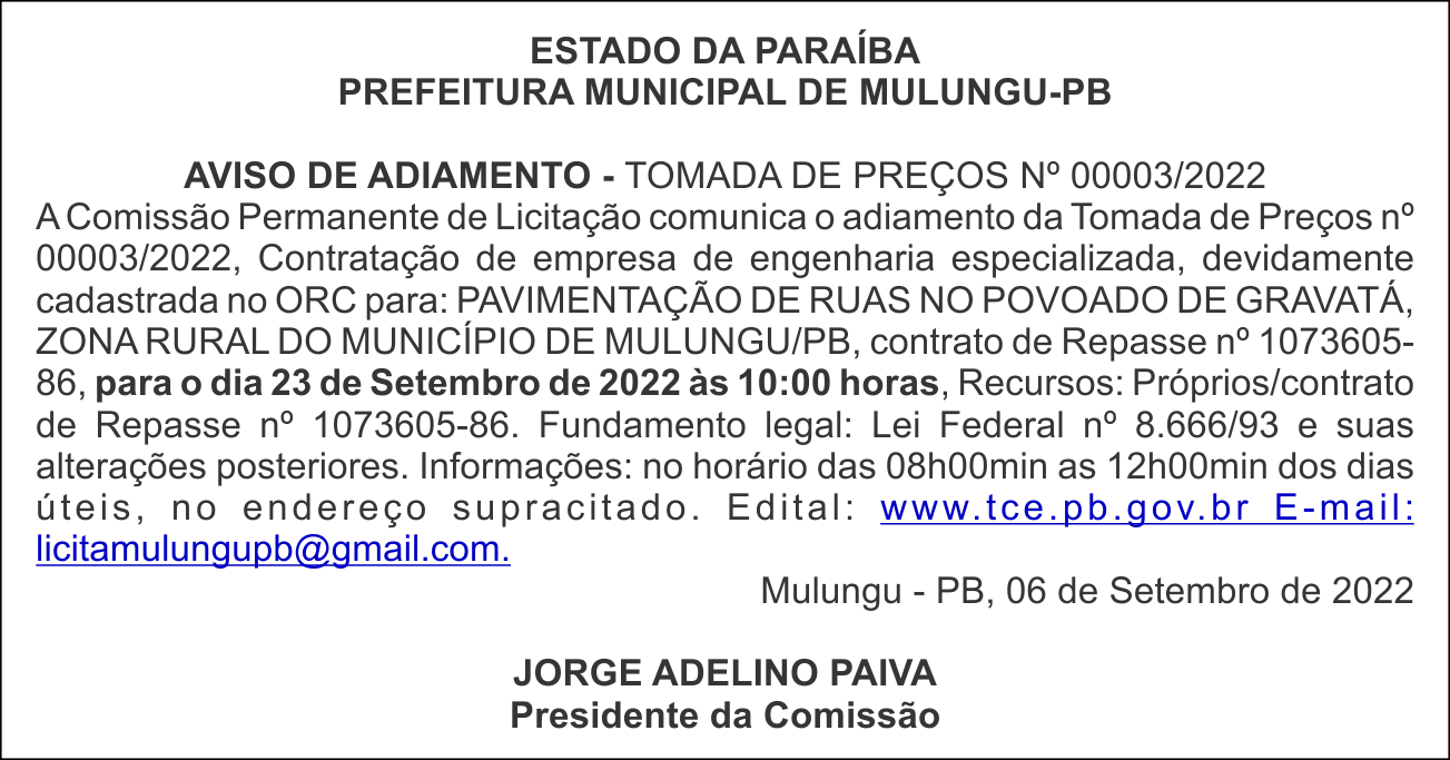 PREFEITURA MUNICIPAL DE MULUNGU-PB  –  AVISO DE ADIAMENTO – TOMADA DE PREÇOS Nº 00003/2022