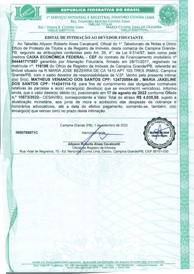 EDITAL DE INTIMAÇÃO AO DEVEDOR FIDUCIANTE