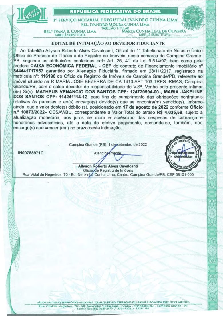 EDITAL DE INTIMAÇÃO AO DEVEDOR FIDUCIANTE