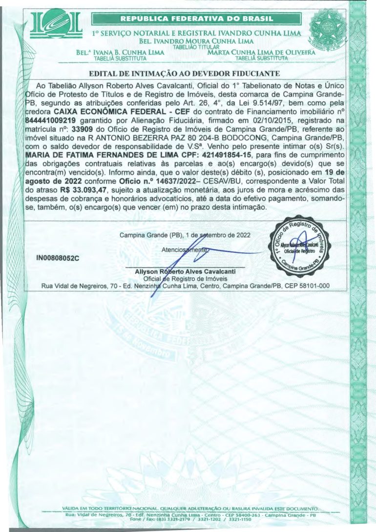 EDITAL DE INTIMAÇÃO AO DEVEDOR FIDUCIANTE