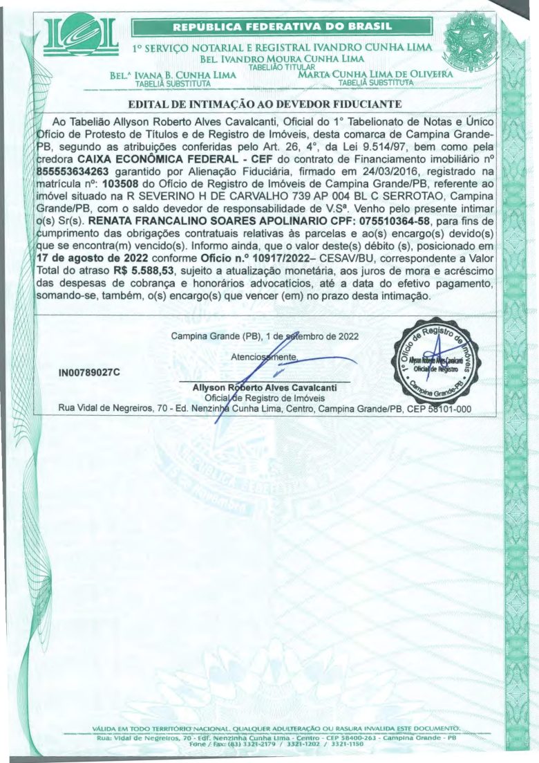 EDITAL DE INTIMAÇÃO AO DEVEDOR FIDUCIANTE