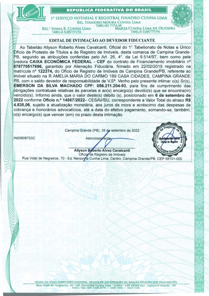 EDITAL DE INTIMAÇÃO AO DEVEDOR FIDUCIANTE