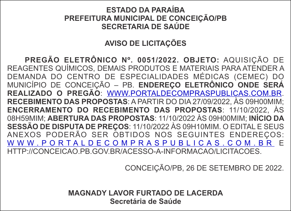 PREFEITURA MUNICIPAL DE CONCEIÇÃO/PB  – AVISO DE LICITAÇÕES – PREGÃO ELETRÔNICO No. 0051/2022.