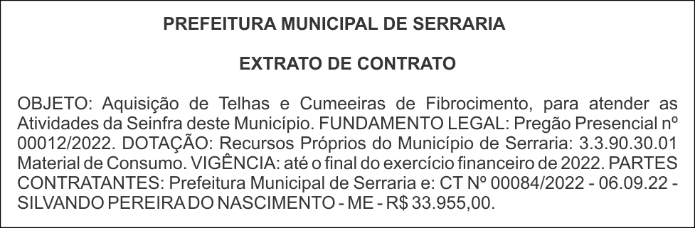 PREFEITURA MUNICIPAL DE SERRARIA – EXTRATO DE CONTRATO