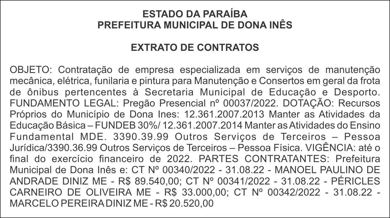 PREFEITURA MUNICIPAL DE DONA INÊS  – EXTRATO DE CONTRATOS