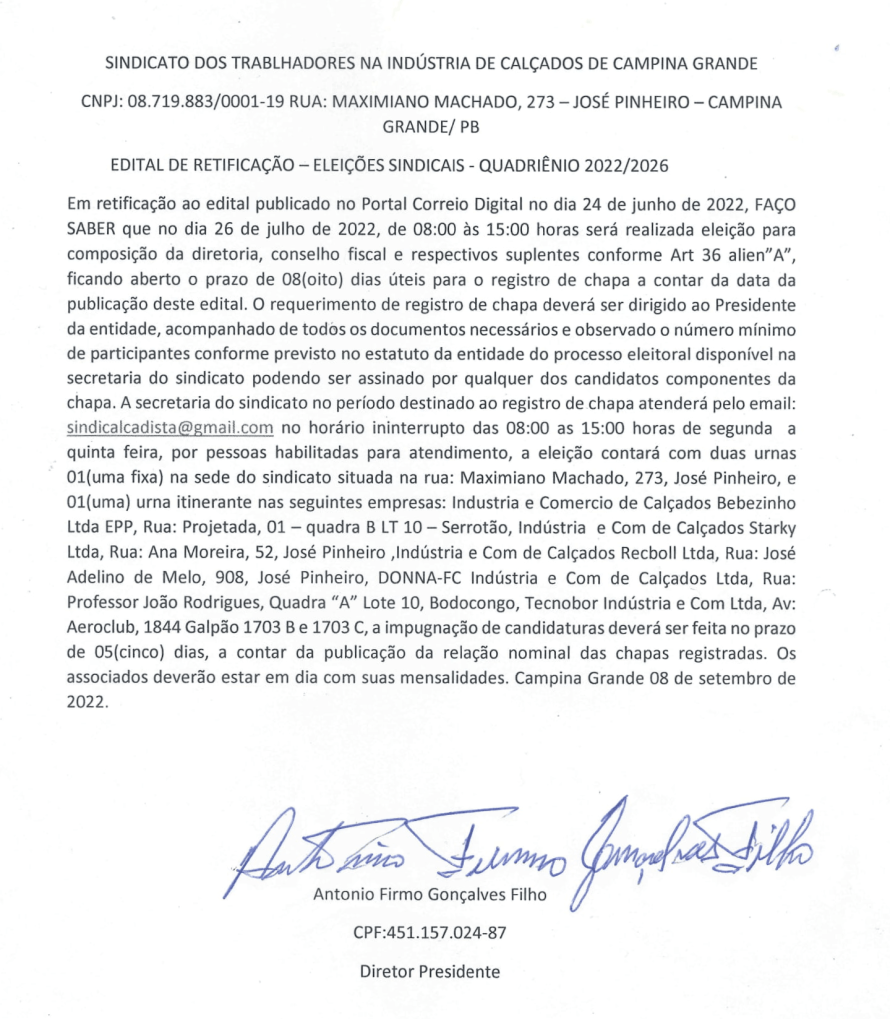 SINDICALÇADISTA – EDITAL DE RETIFICAÇÃO – ELEIÇÕES SINDICAIS – QUADRIÊNIO 2022/2026