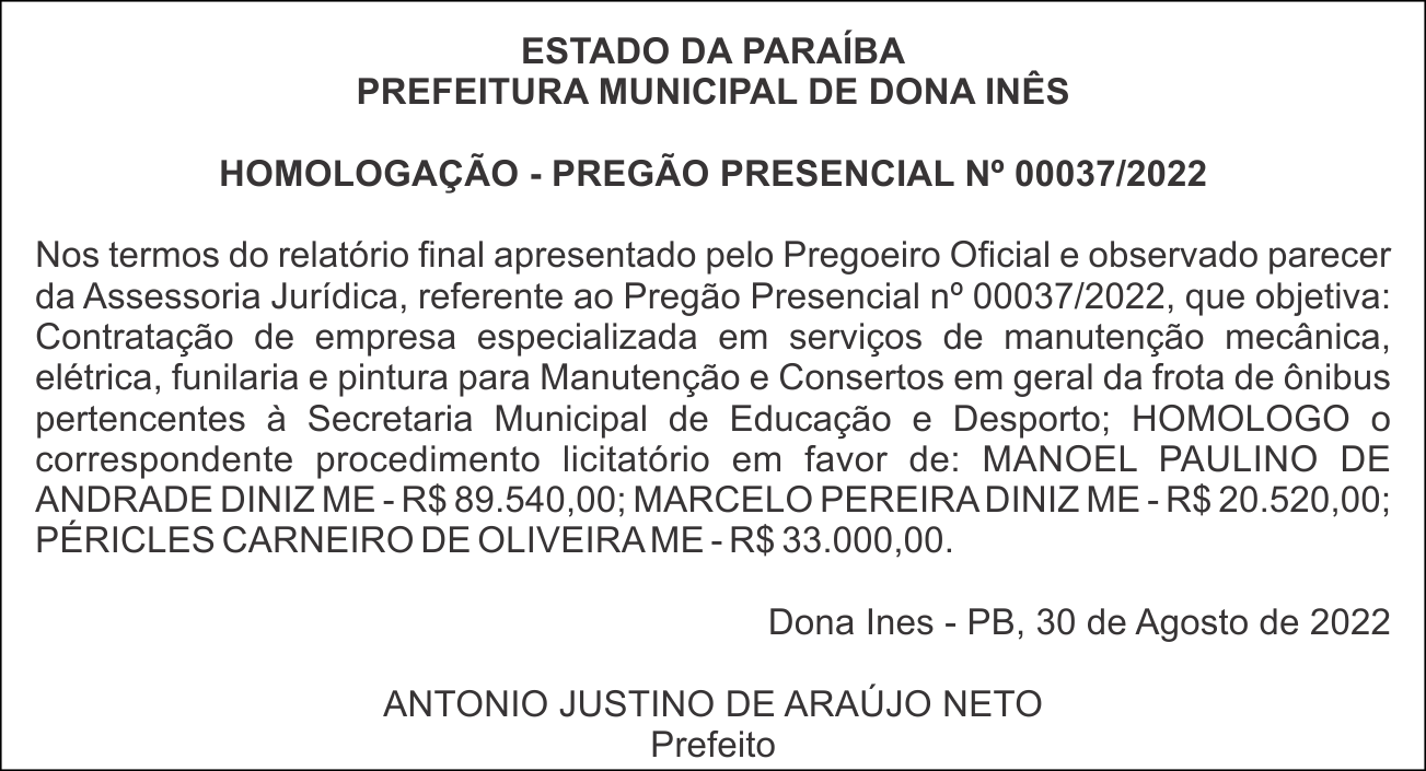 PREFEITURA MUNICIPAL DE DONA INÊS  – HOMOLOGAÇÃO – PREGÃO PRESENCIAL Nº 00037/2022