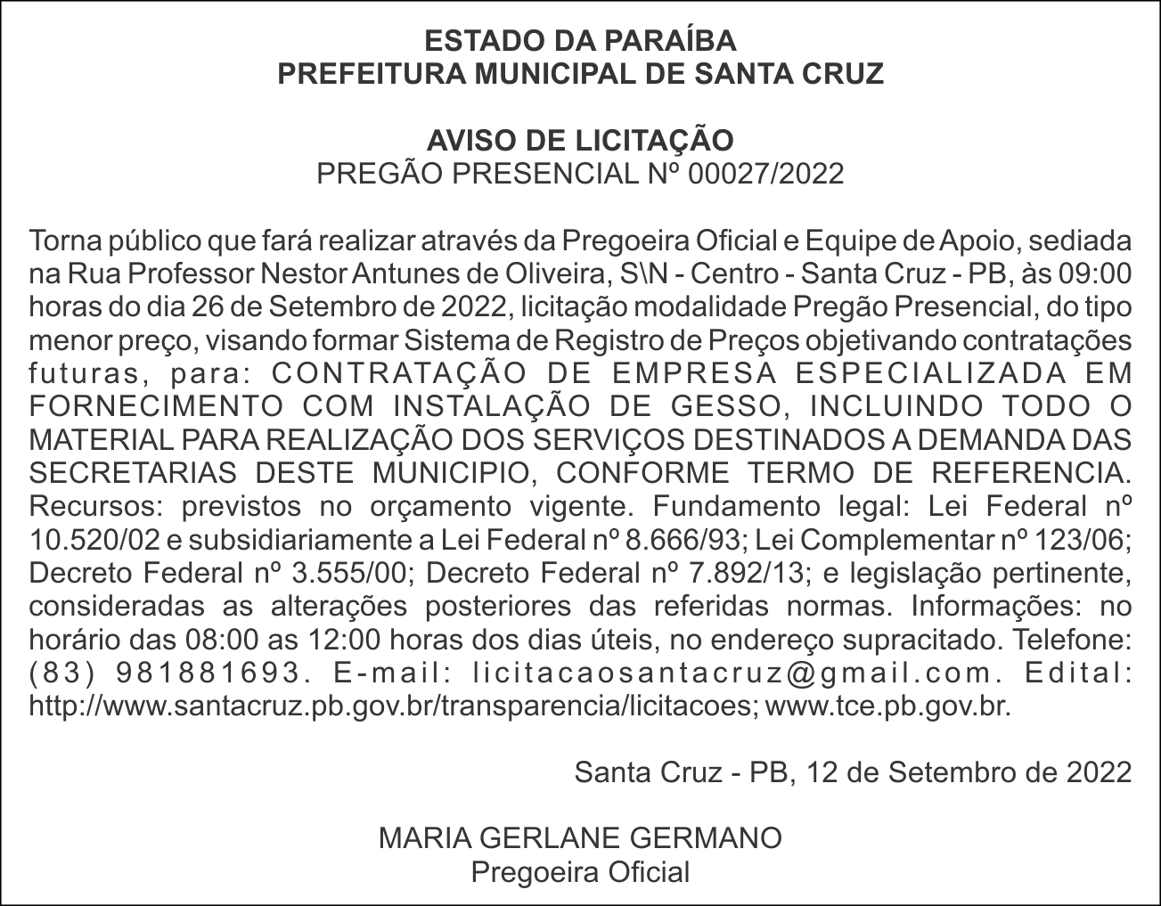PREFEITURA MUNICIPAL DE SANTA CRUZ – AVISO DE LICITAÇÃO -PREGÃO PRESENCIAL Nº 00027/2022