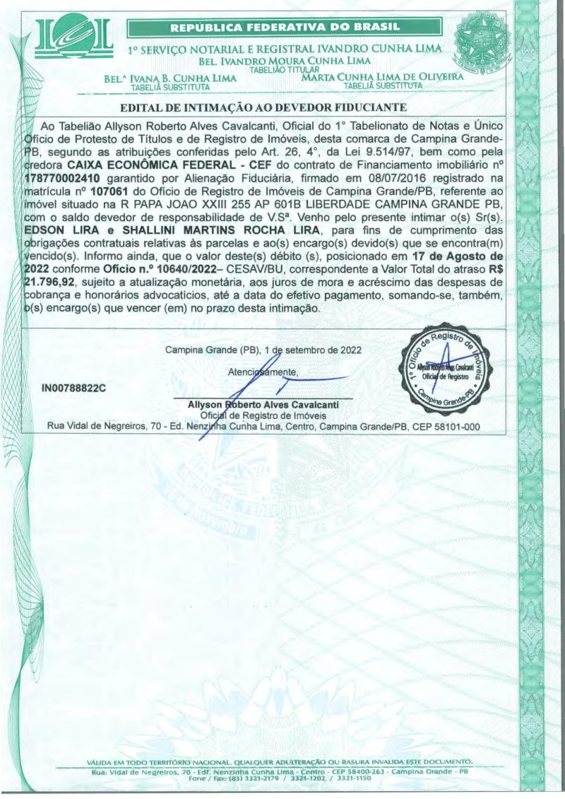 EDITAL DE INTIMAÇÃO AO DEVEDOR FIDUCIANTE
