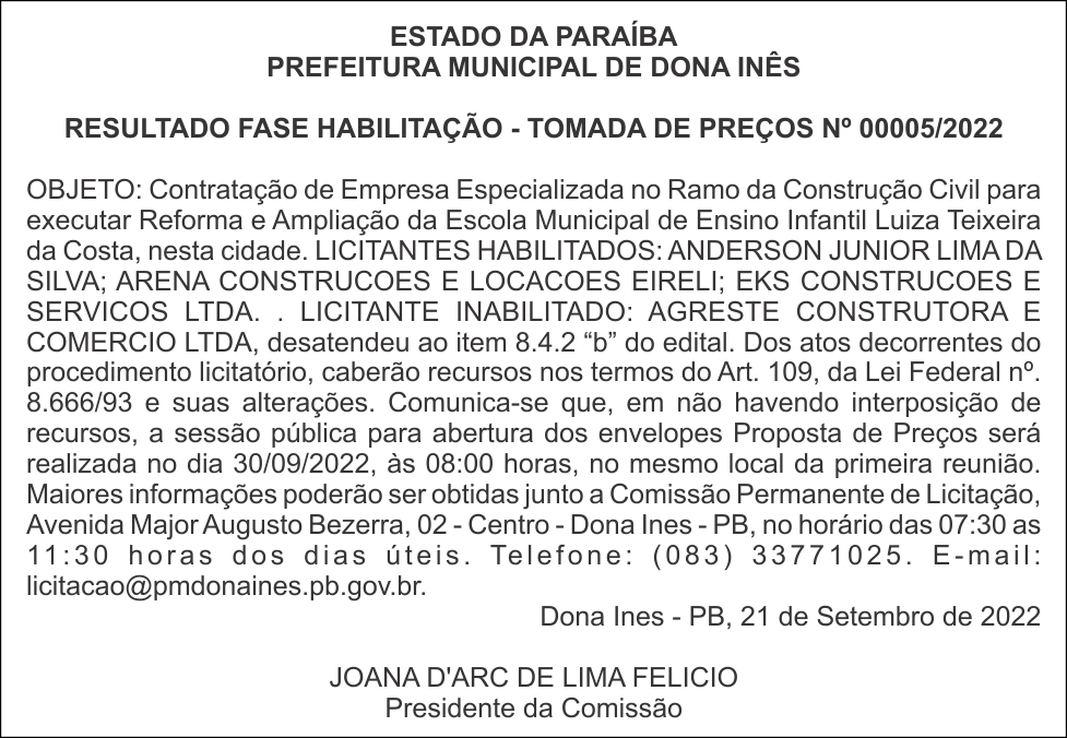 PREFEITURA MUNICIPAL DE DONA INÊS –  RESULTADO FASE HABILITAÇÃO – TOMADA DE PREÇOS Nº 00005/2022