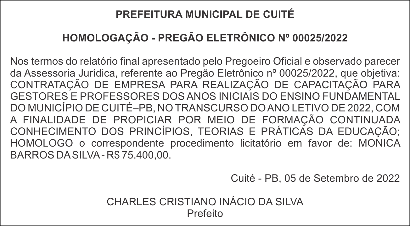 PREFEITURA MUNICIPAL DE CUITÉ – HOMOLOGAÇÃO – PREGÃO ELETRÔNICO No 00025/2022