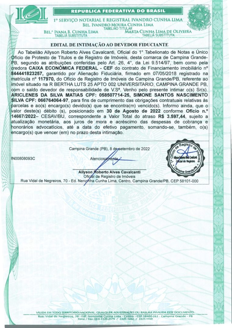 EDITAL DE INTIMAÇÃO AO DEVEDOR FIDUCIANTE