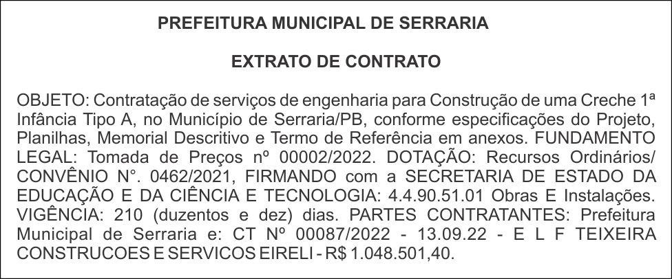PREFEITURA MUNICIPAL DE SERRARIA  EXTRATO DE CONTRATO