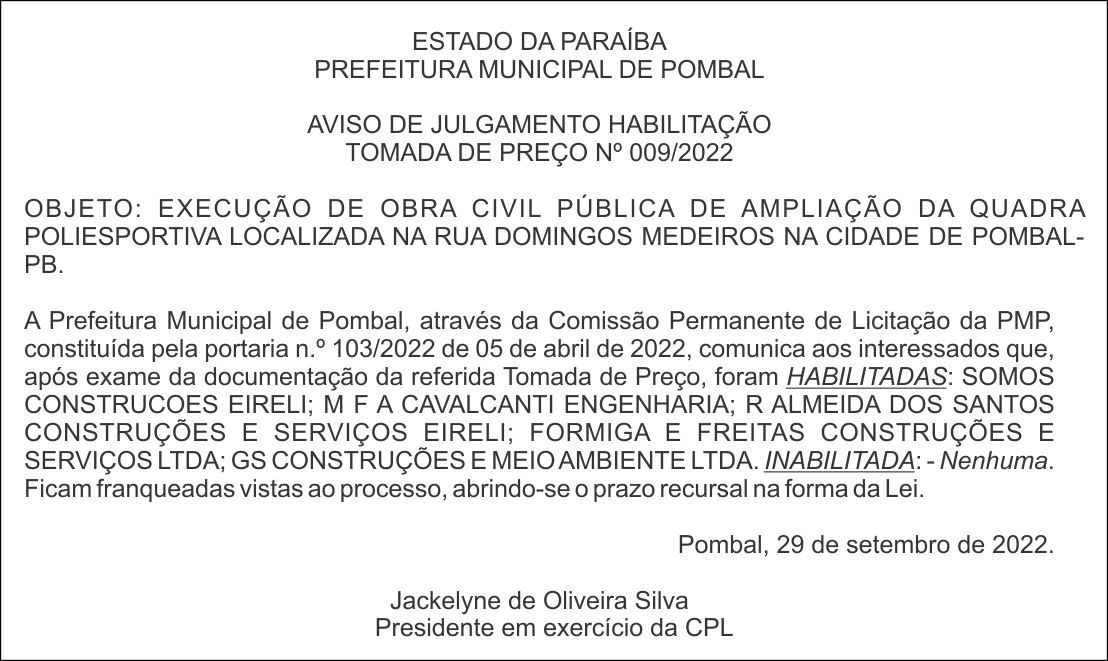 PREFEITURA MUNICIPAL DE POMBAL – AVISO DE JULGAMENTO – HABILITAÇÃO – TOMADA DE PREÇO Nº 009/2022