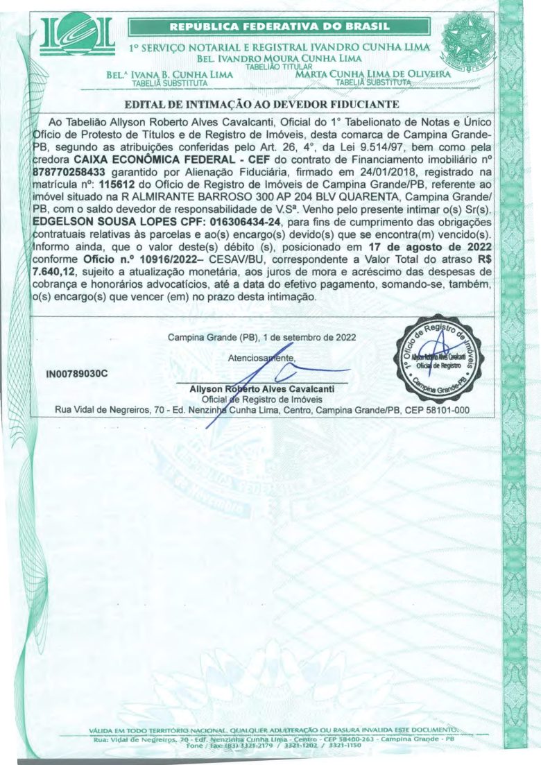 EDITAL DE INTIMAÇÃO AO DEVEDOR FIDUCIANTE