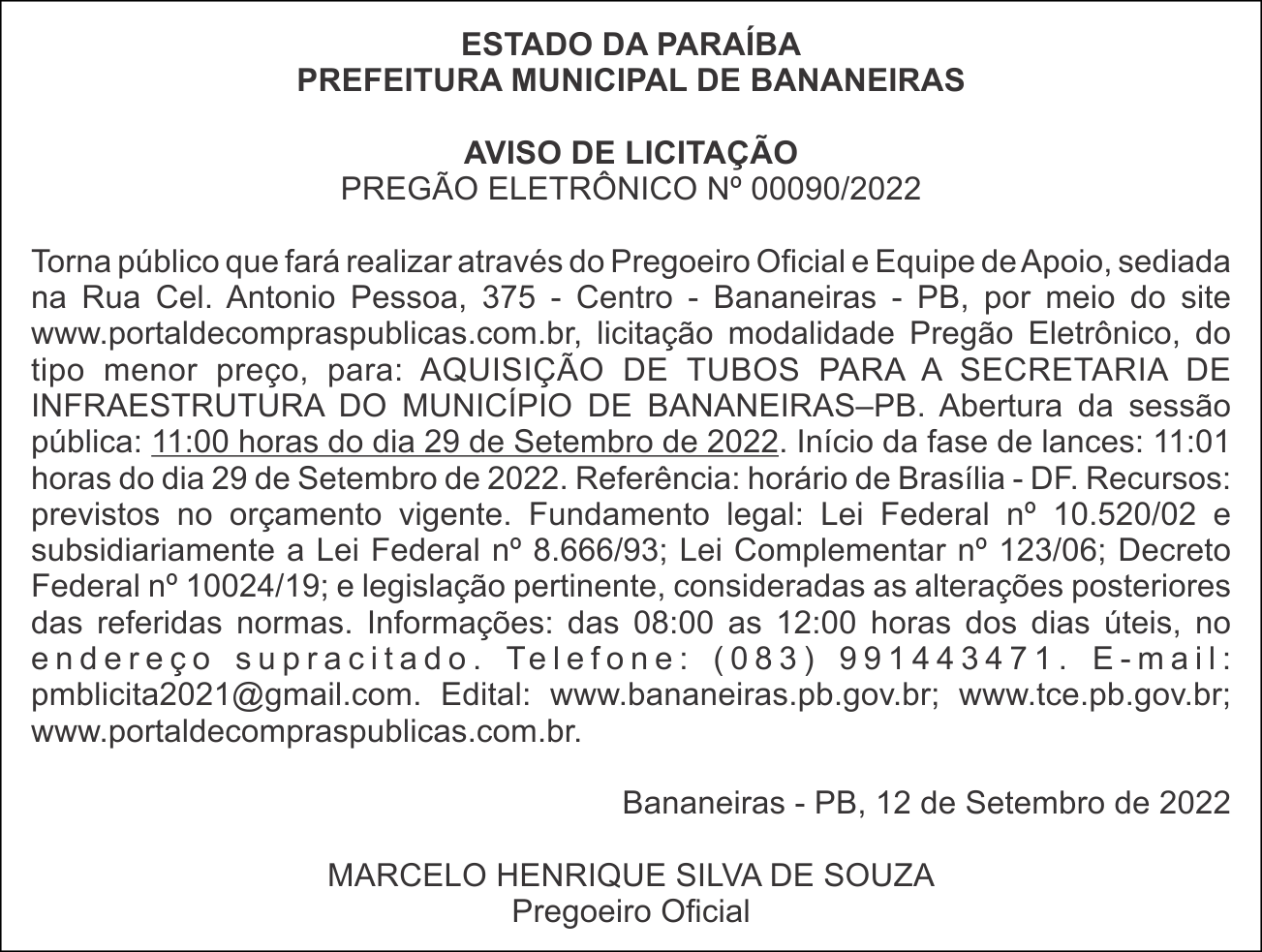 PREFEITURA MUNICIPAL DE BANANEIRAS – AVISO DE LICITAÇÃO – PREGÃO ELETRÔNICO Nº 00090/2022