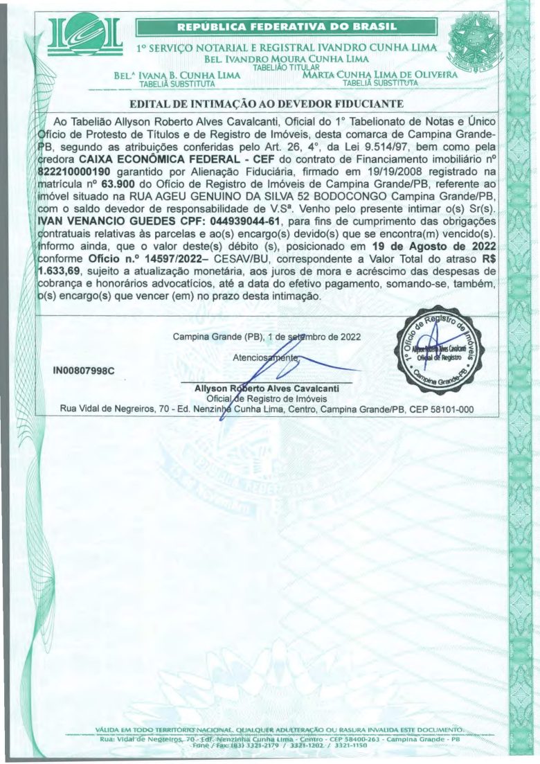 EDITAL DE INTIMAÇÃO AO DEVEDOR FIDUCIANTE