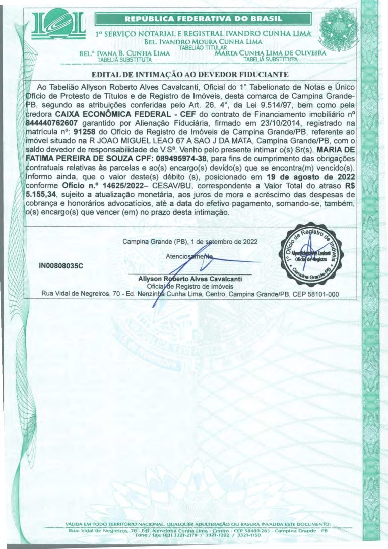 EDITAL DE INTIMAÇÃO AO DEVEDOR FIDUCIANTE