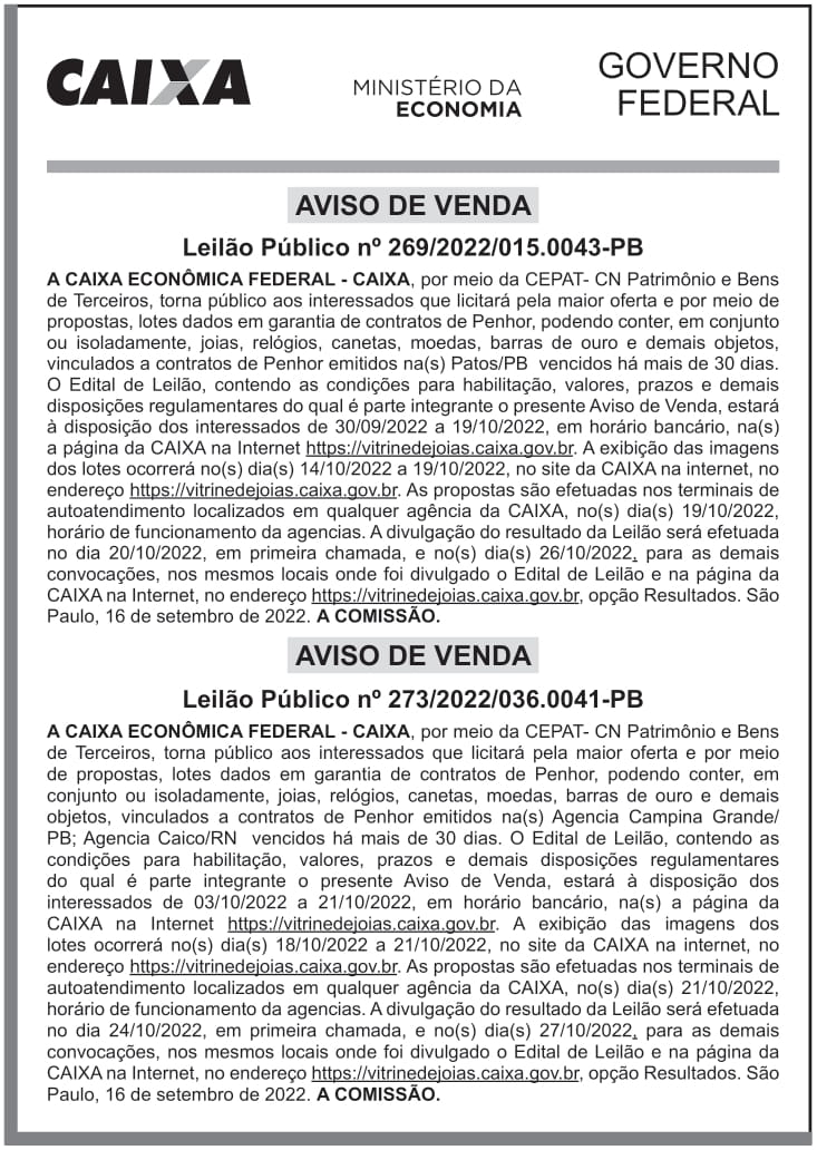 CAIXA ECONÔMICA FEDERAL – DF – BRASILIA – AVISO DE VENDA – LEILÃO PÚBLICO N° 269/2022/015.0043-PB e N° 273/2022/036.0041-PB