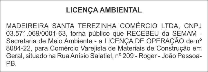 MADEIREIRA SANTA TEREZINHA COMÉRCIO LTDA – LICENÇA AMBIENTAL