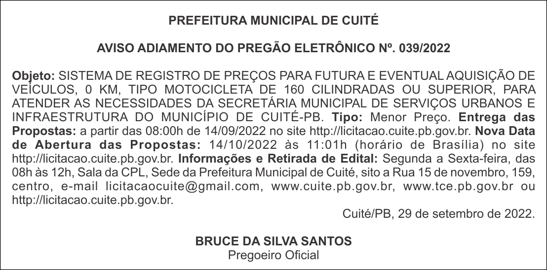 PREFEITURA MUNICIPAL DE CUITÉ – AVISO ADIAMENTO DO PREGÃO ELETRÔNICO Nº. 039/2022