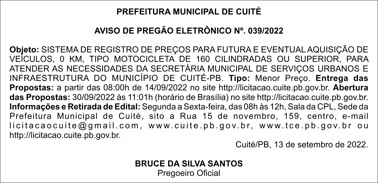 PREFEITURA MUNICIPAL DE CUITÉ – AVISO DE PREGÃO ELETRÔNICO Nº. 039/2022