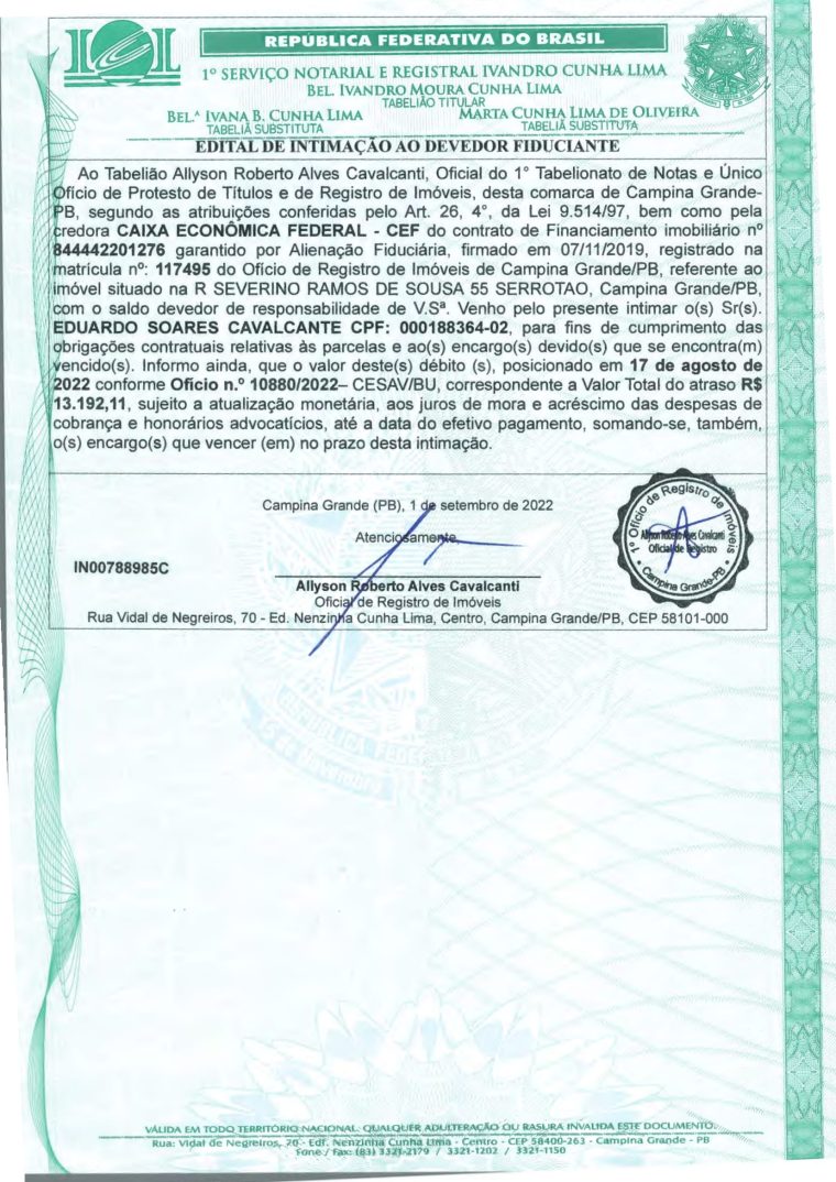 EDITAL DE INTIMAÇÃO AO DEVEDOR FIDUCIANTE