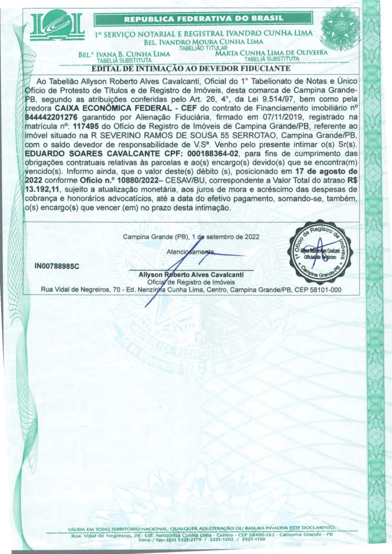 EDITAL DE INTIMAÇÃO AO DEVEDOR FIDUCIANTE