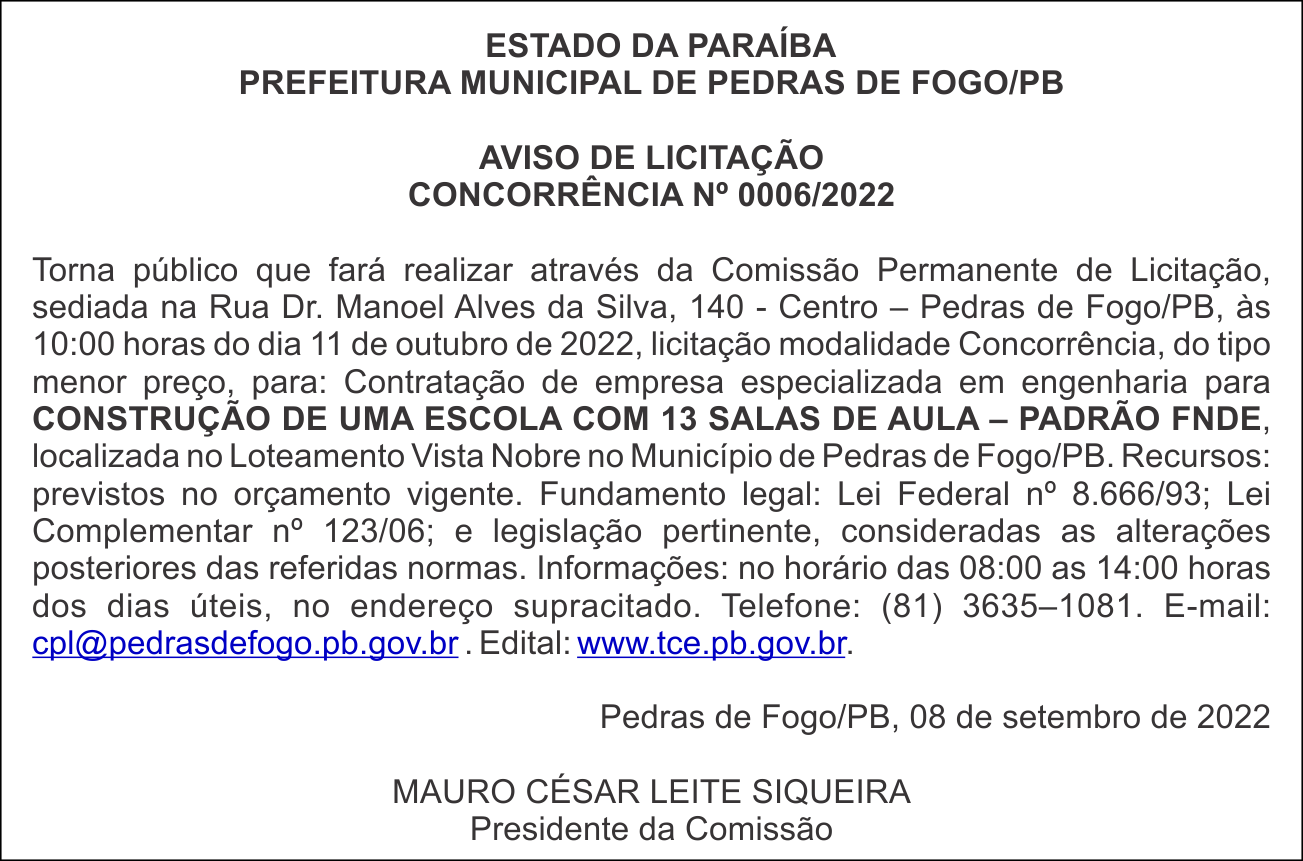 PREFEITURA MUNICIPAL DE PEDRAS DE FOGO/PB  – AVISO DE LICITAÇÃO – CONCORRÊNCIA Nº 0006/2022
