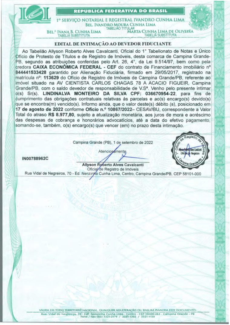 EDITAL DE INTIMAÇÃO AO DEVEDOR FIDUCIANTE