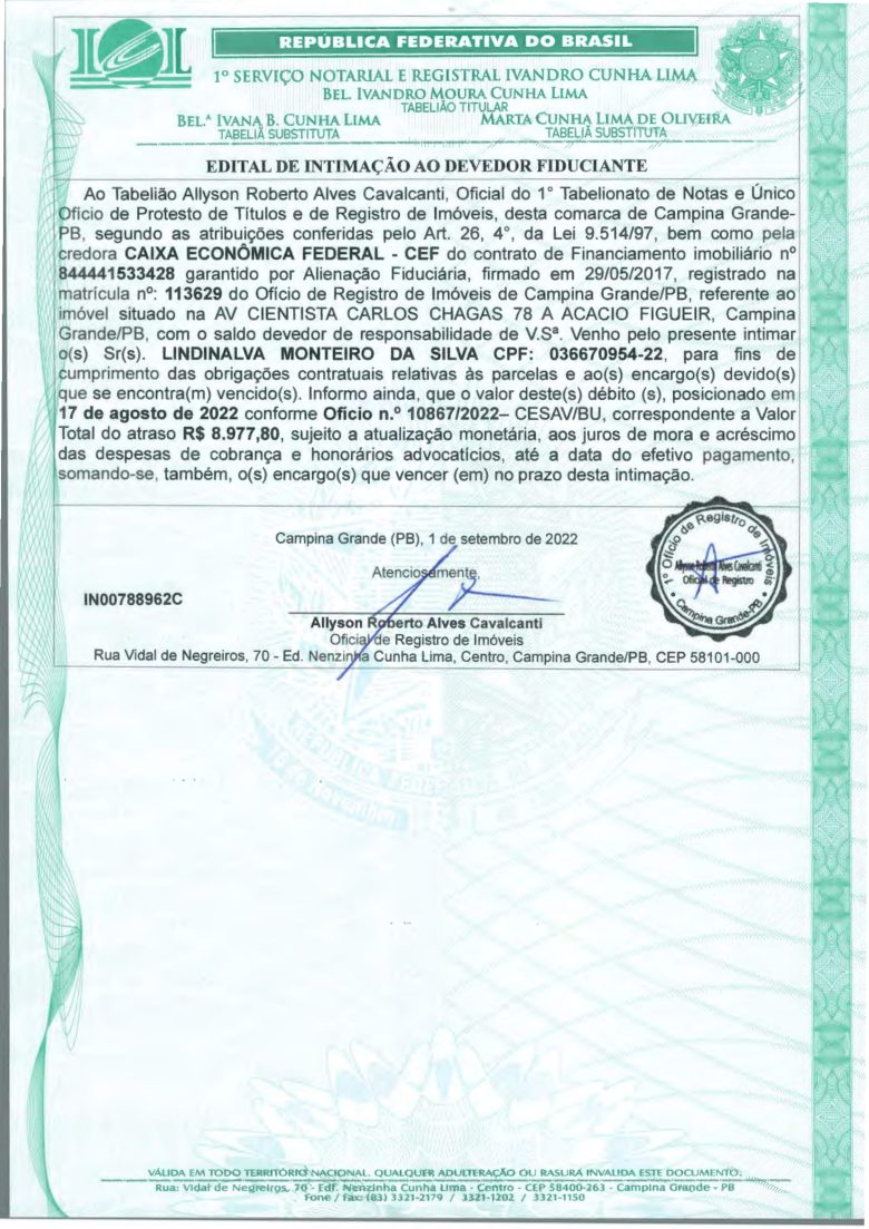 EDITAL DE INTIMAÇÃO AO DEVEDOR FIDUCIANTE
