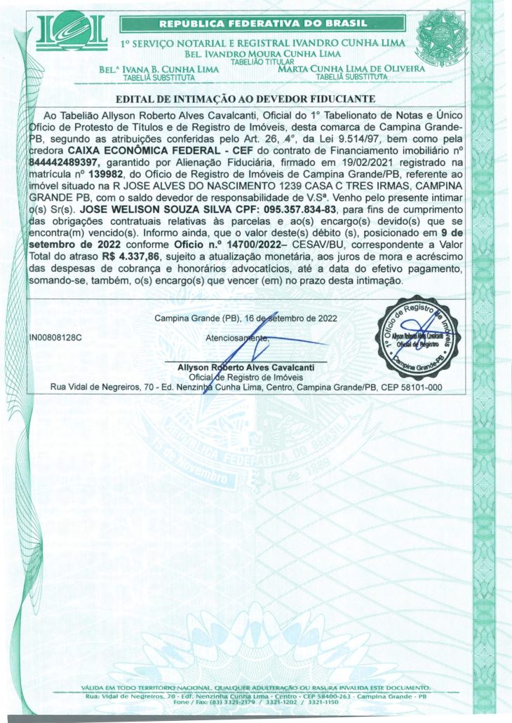 EDITAL DE INTIMAÇÃO AO DEVEDOR FIDUCIANTE