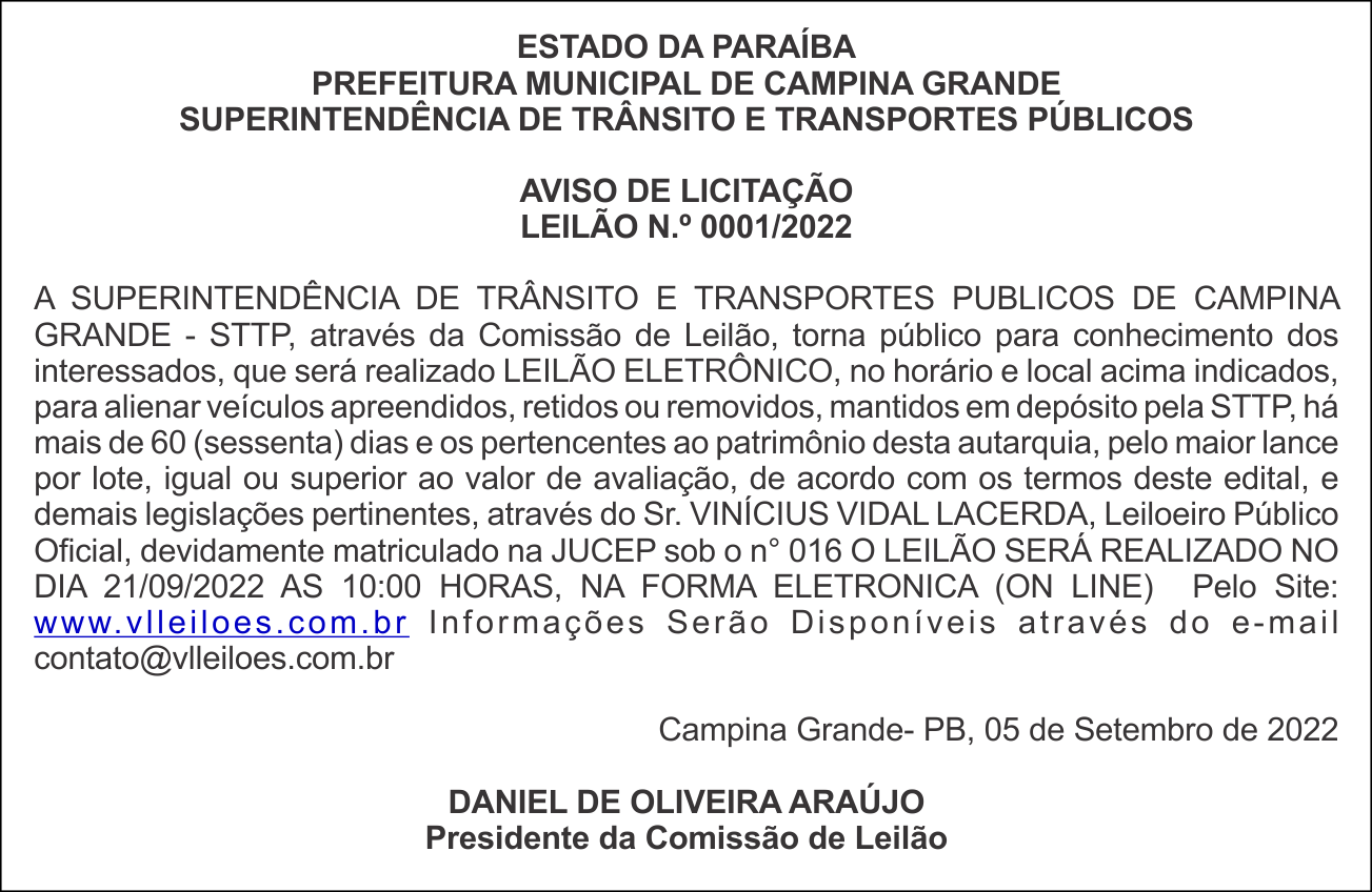 STTP/CG – AVISO DE LICITAÇÃO LEILÃO N.º 0001/2022