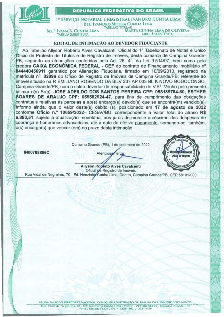 EDITAL DE INTIMAÇÃO AO DEVEDOR FIDUCIANTE