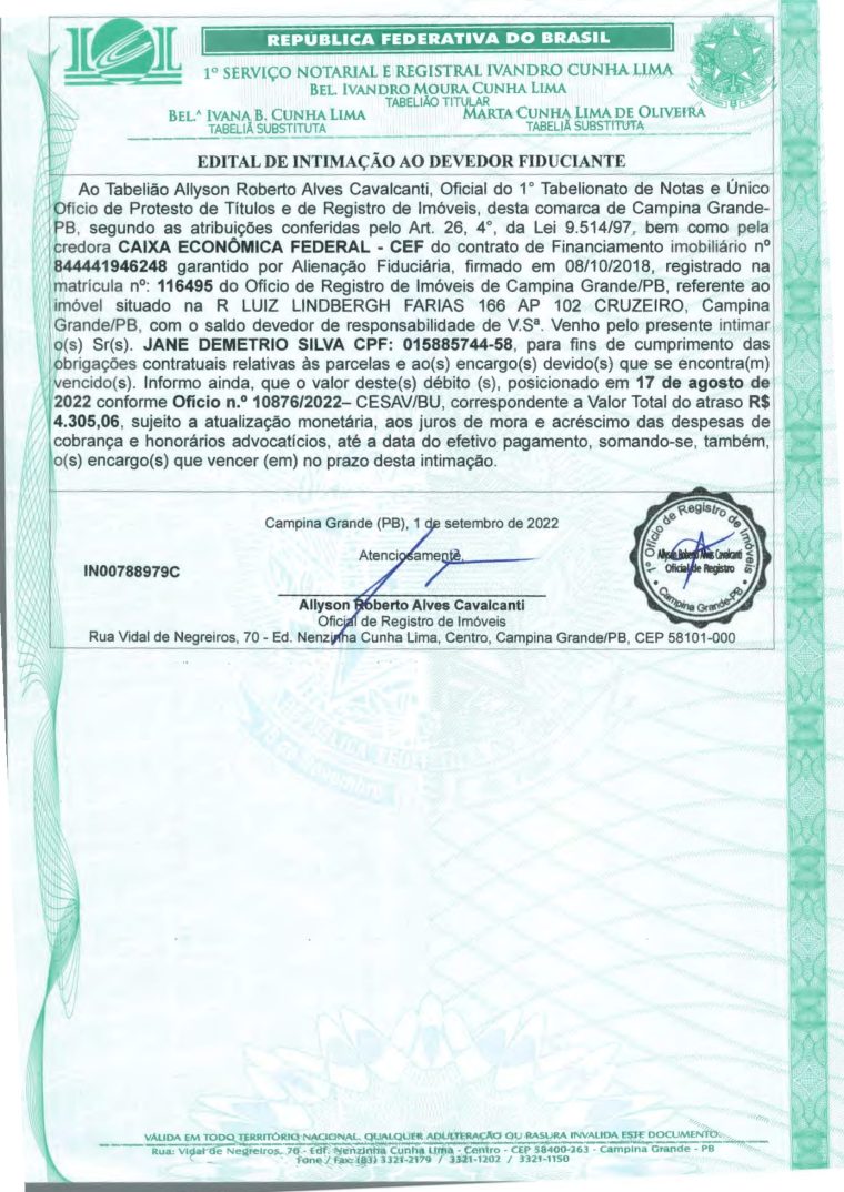 EDITAL DE INTIMAÇÃO AO DEVEDOR FIDUCIANTE