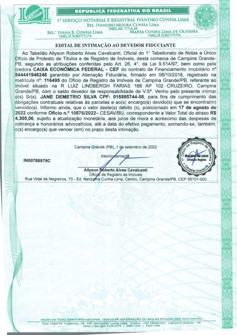 EDITAL DE INTIMAÇÃO AO DEVEDOR FIDUCIANTE
