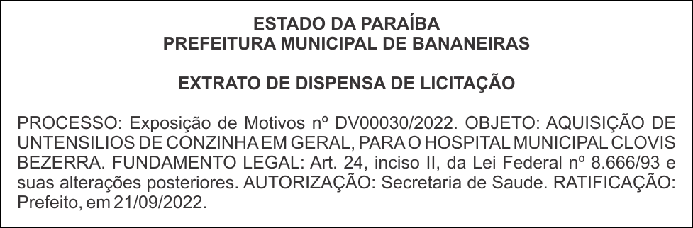 PREFEITURA MUNICIPAL DE BANANEIRAS – EXTRATO DE DISPENSA DE LICITAÇÃO
