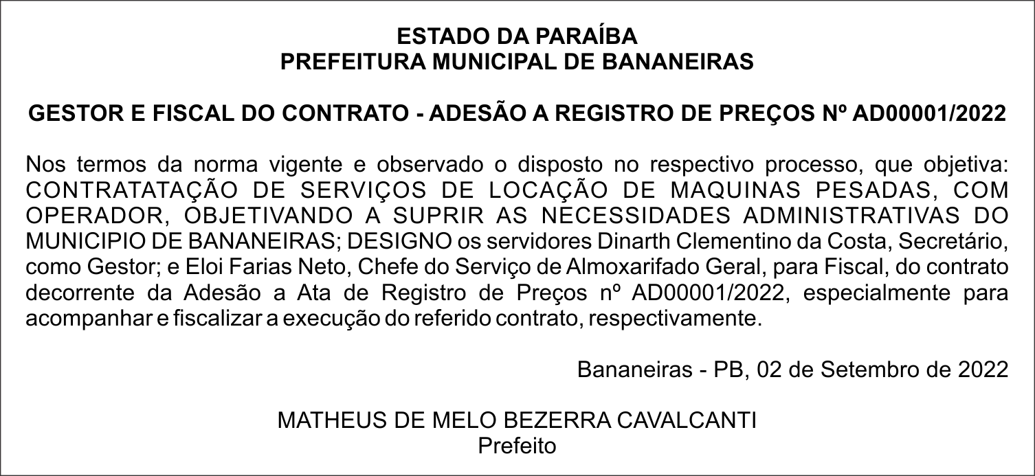 PREFEITURA MUNICIPAL DE BANANEIRAS – ADESÃO A REGISTRO DE PREÇOS Nº AD00001/2022