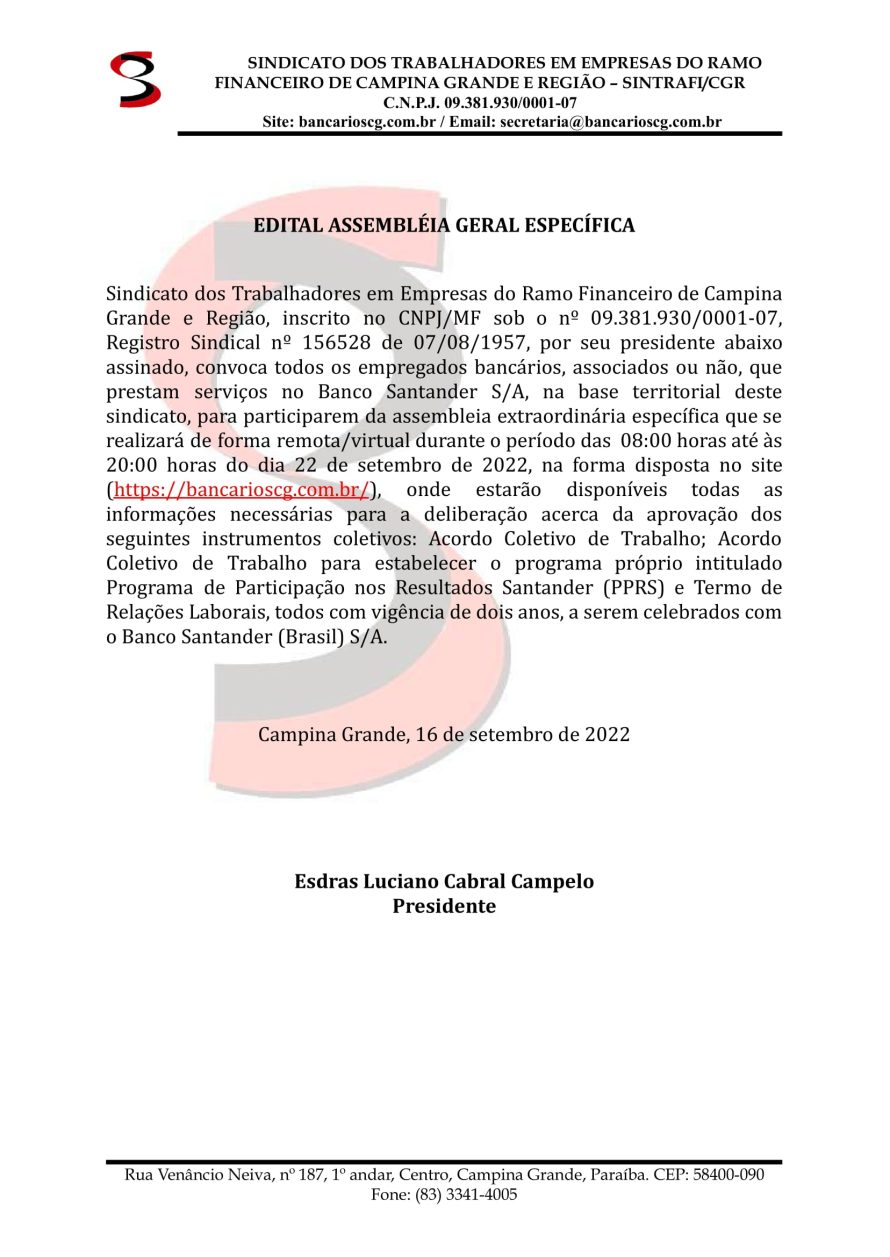 SINTRAFI/CGR – EDITAL ASSEMBLEIA GERAL ESPECÍFICA