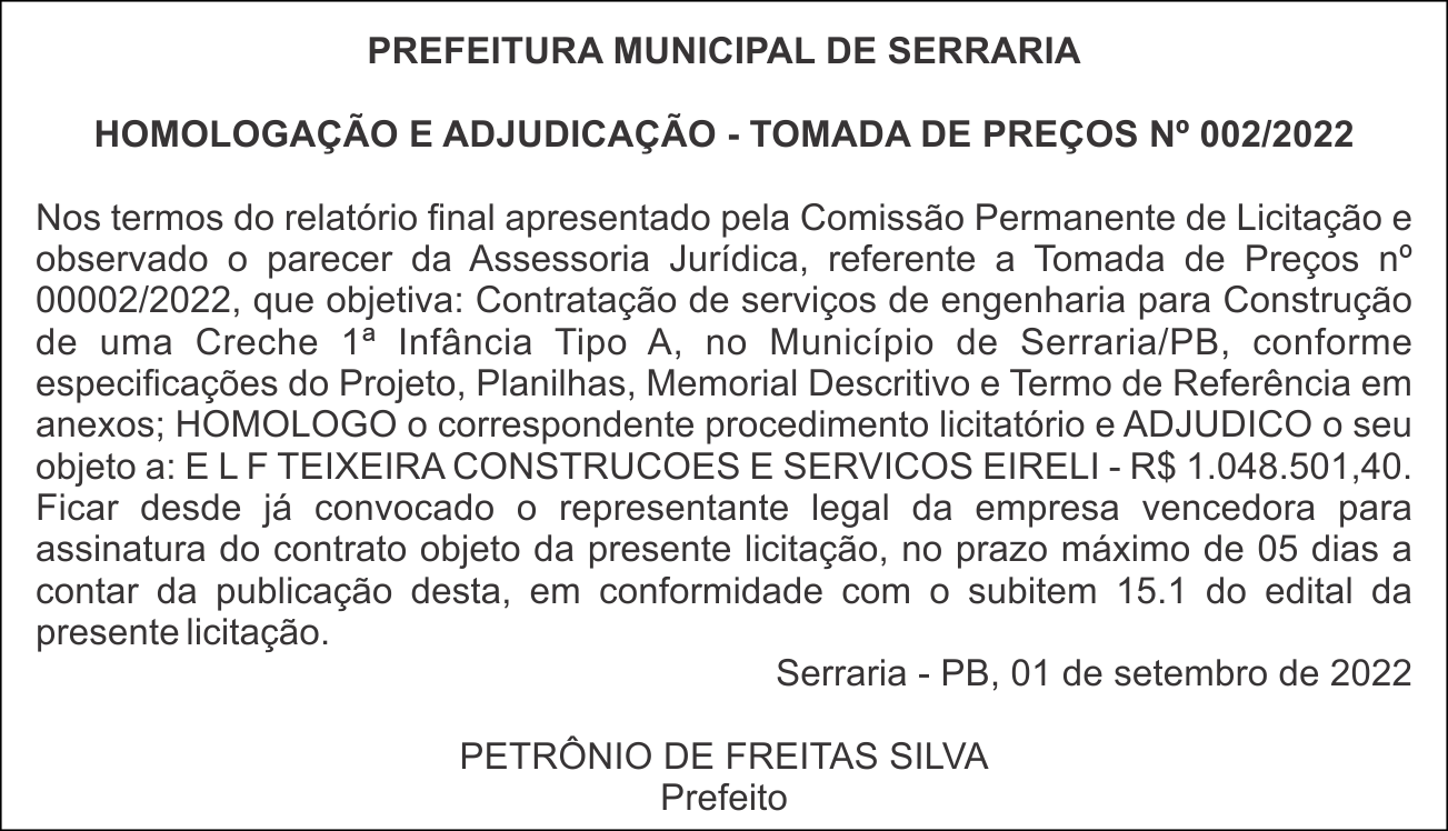 PREFEITURA MUNICIPAL DE SERRARIA – HOMOLOGAÇÃO E ADJUDICAÇÃO – TOMADA DE PREÇOS Nº 002/2022
