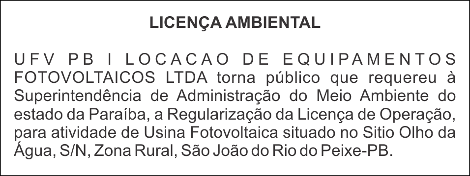 UFV PB I LOCAÇÃO DE EQUIPAMENTOS FOTOVOLTAICOS LTDA