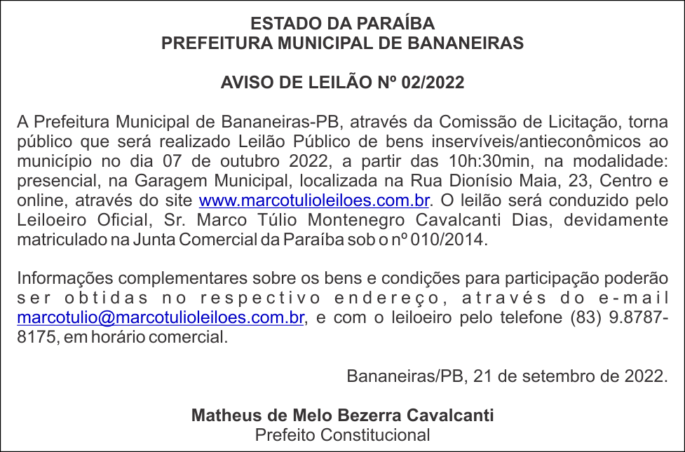PREFEITURA MUNICIPAL DE BANANEIRAS – AVISO DE LEILÃO Nº 02/2022