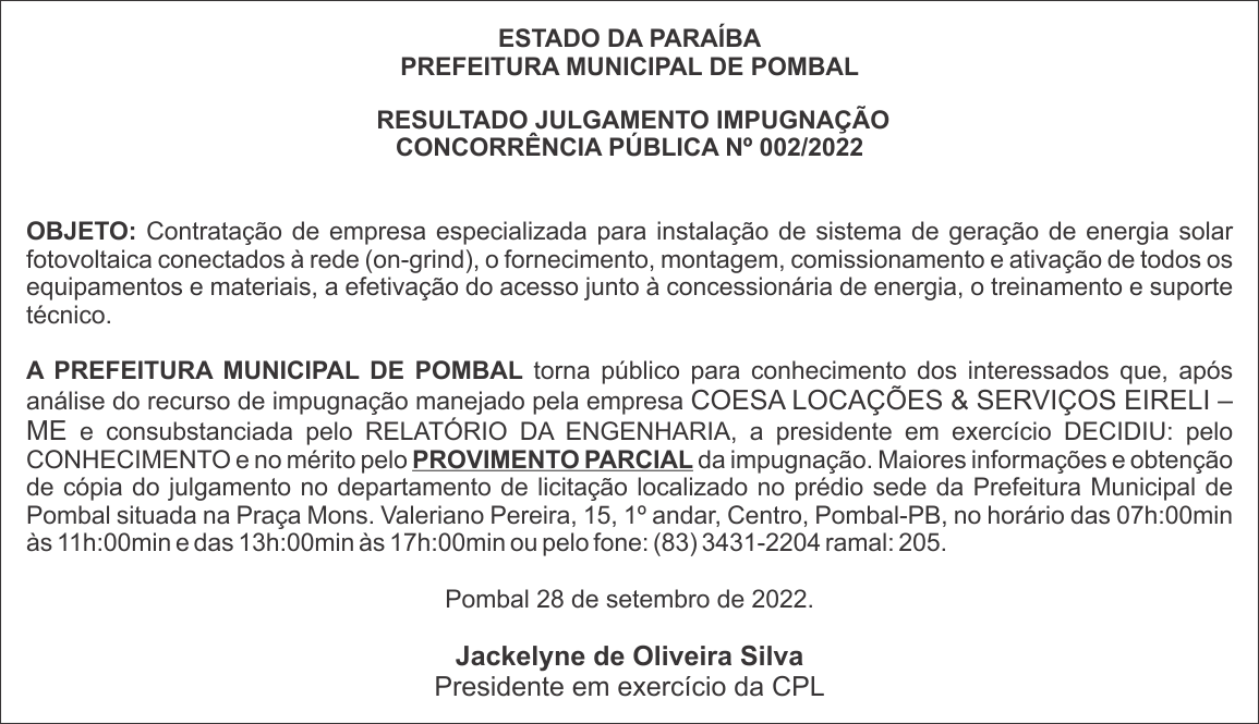 PREFEITURA MUNICIPAL DE POMBAL  RESULTADO JULGAMENTO IMPUGNAÇÃO CONCORRÊNCIA PÚBLICA Nº 002/2022