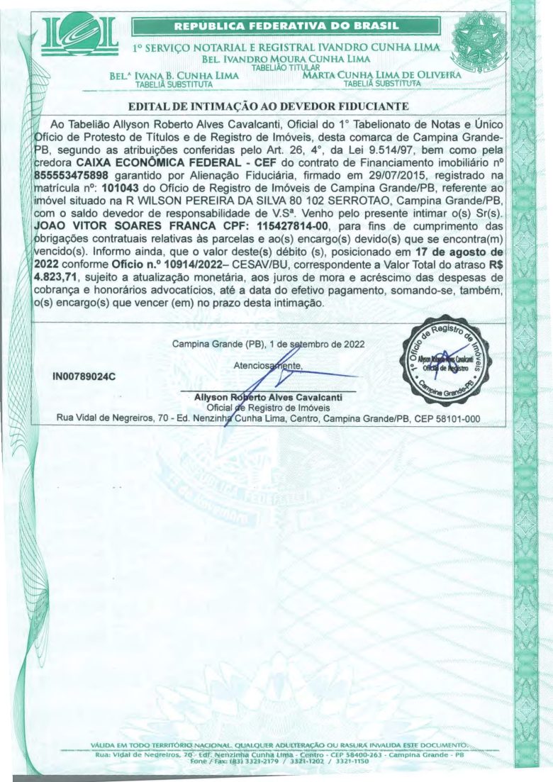EDITAL DE INTIMAÇÃO AO DEVEDOR FIDUCIANTE