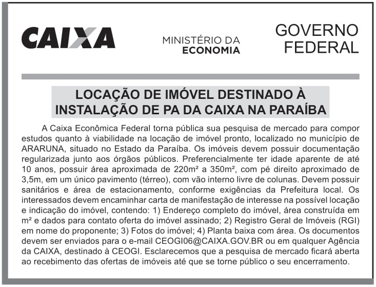 CAIXA ECONÔMICA FEDERAL – DF – BRASILIA – VAREJO PARAÍBA LOCAÇÃO DE IMÓVEL DESTINADO À INSTALAÇÃO DE PA DA CAIXA NA PARAÍBA